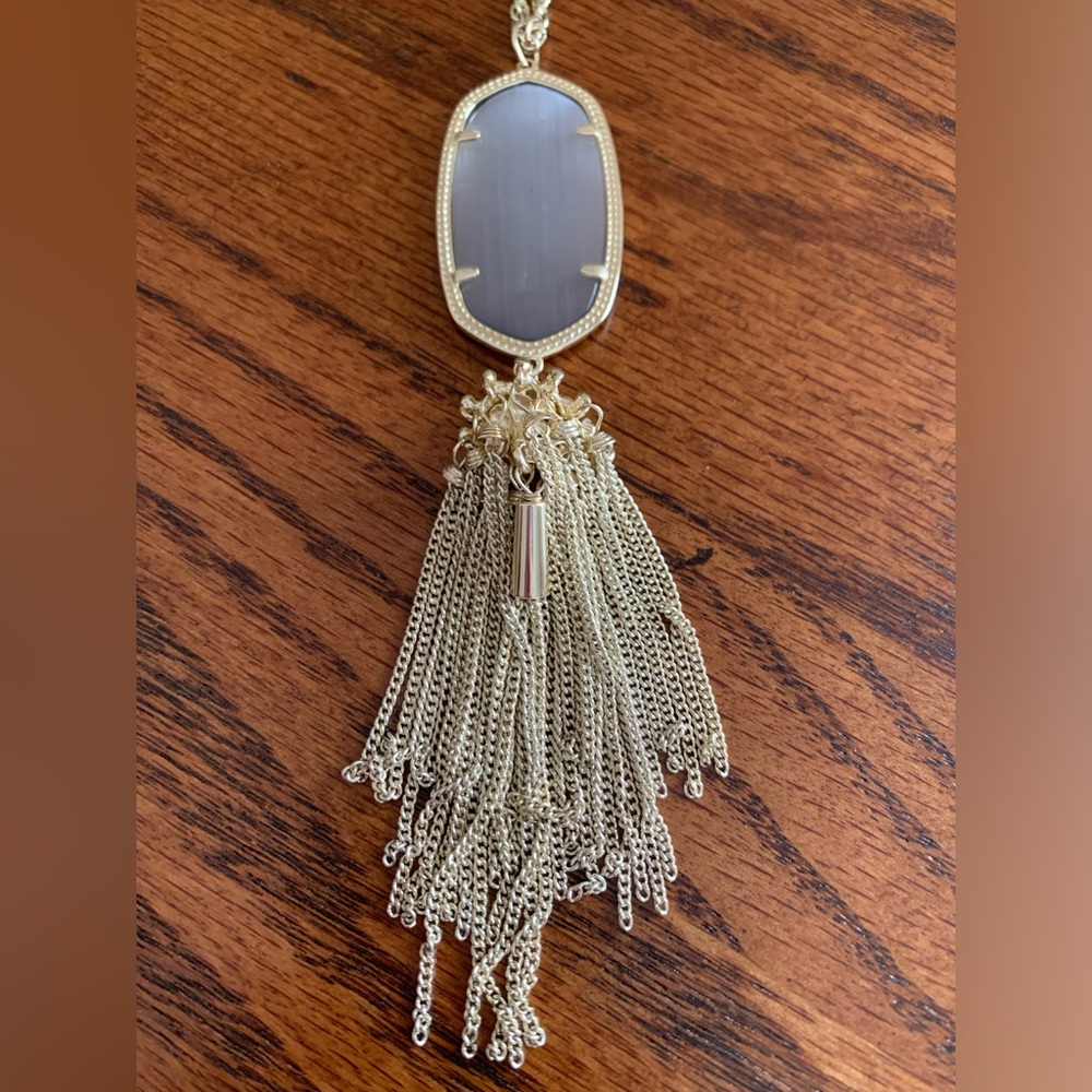 Kendra Scott Rayne Necklace Gray Stone Gold Chain Fringe Boho Chic Texas Hippie